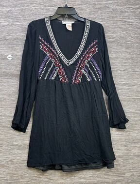 Flying Tomato Dress Womens Size L Black Embroidered Boho V Neck Long Sleeve Mini